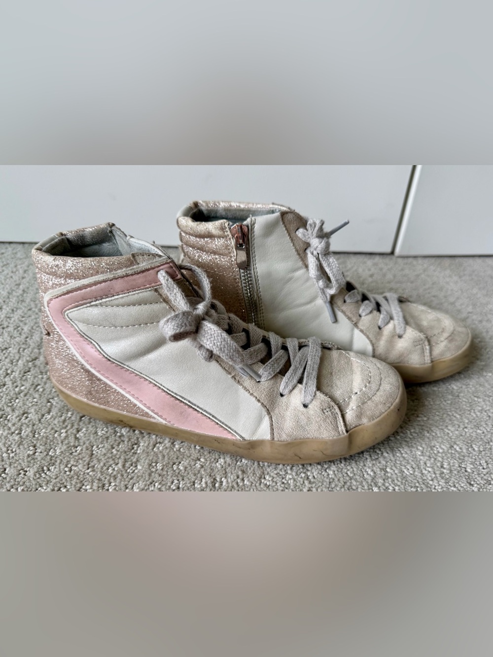 Vintage Havana White and Pink High-Top Kids Sneakers
